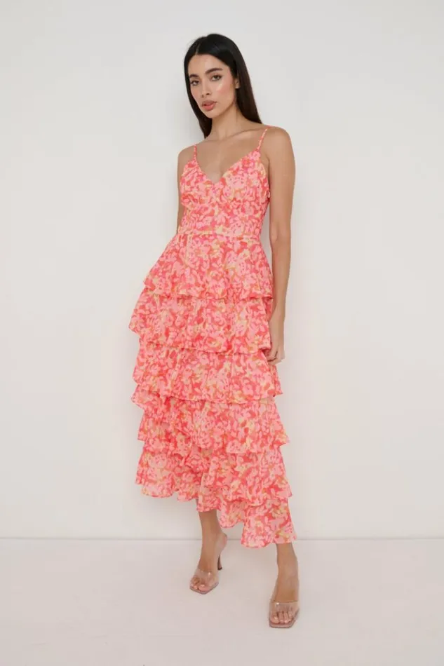 Pretty Lavish Dresses Women Lissy Ruffle Midaxi Dress Pink And Orange Floral