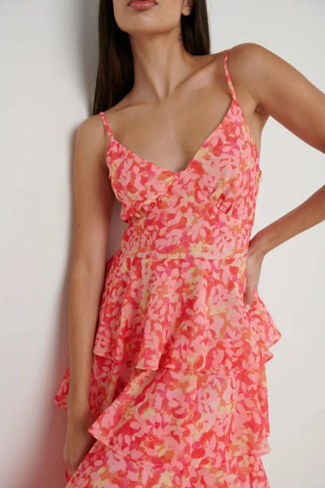 Pretty Lavish Dresses Women Lissy Ruffle Midaxi Dress Pink And Orange Floral