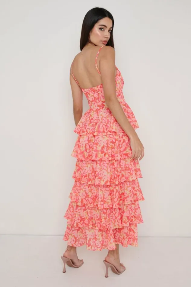 Pretty Lavish Dresses Women Lissy Ruffle Midaxi Dress Pink And Orange Floral