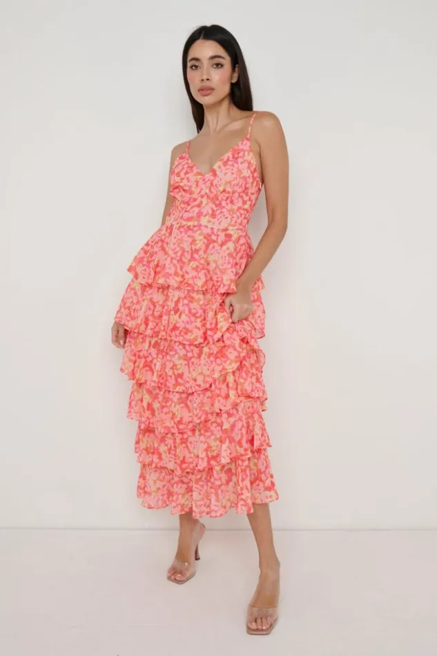 Pretty Lavish Dresses Women Lissy Ruffle Midaxi Dress Pink And Orange Floral