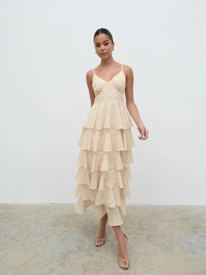 Pretty Lavish Dresses Women Lissy Ruffle Midaxi Dress Yellow Abstract