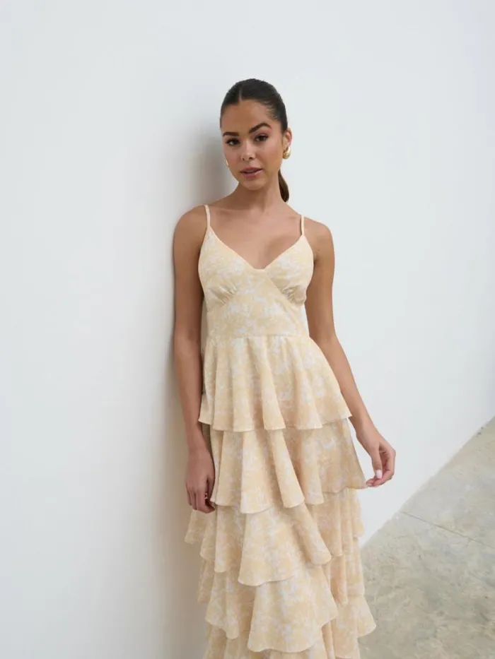 Pretty Lavish Dresses Women Lissy Ruffle Midaxi Dress Yellow Abstract
