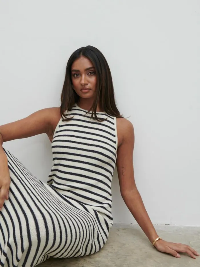 Pretty Lavish Dresses Women Ocean Stripe Knit Midaxi Dress Cream And Navy Stripe