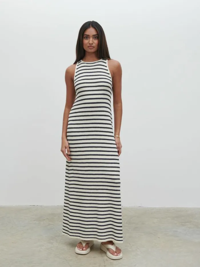 Pretty Lavish Dresses Women Ocean Stripe Knit Midaxi Dress Cream And Navy Stripe