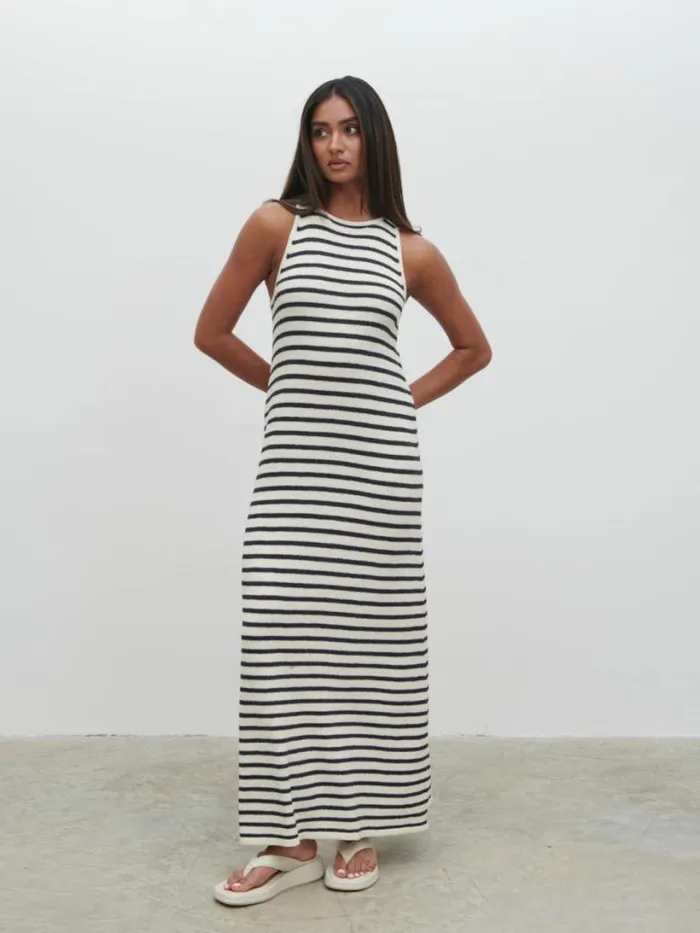 Pretty Lavish Dresses Women Ocean Stripe Knit Midaxi Dress Cream And Navy Stripe