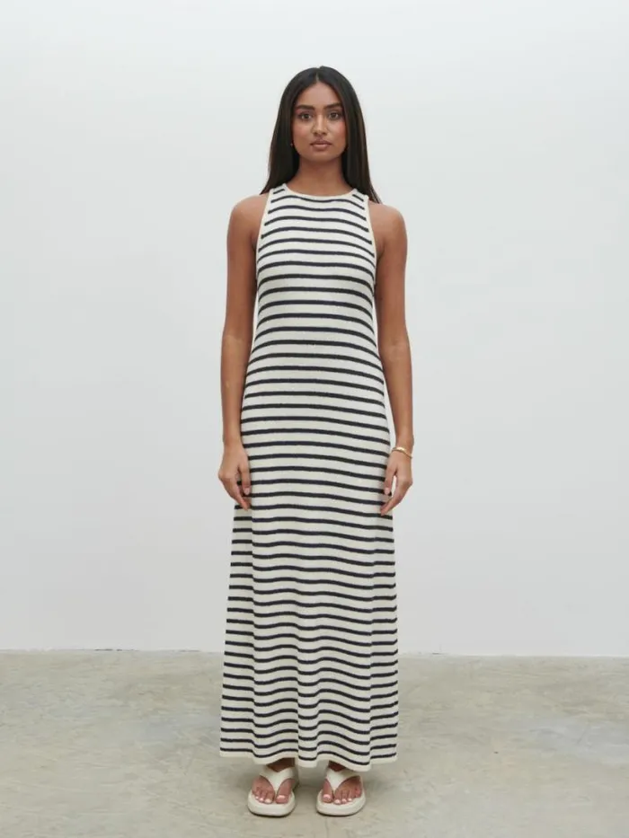 Pretty Lavish Dresses Women Ocean Stripe Knit Midaxi Dress Cream And Navy Stripe