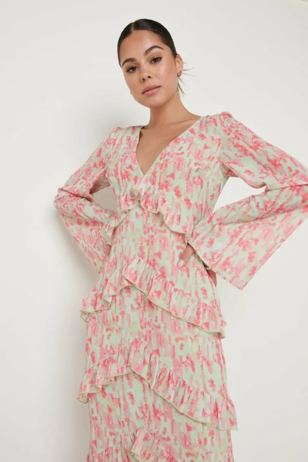 Pretty Lavish Dresses Women Paige Ruffle Maxi Dress Green Abstract Spot