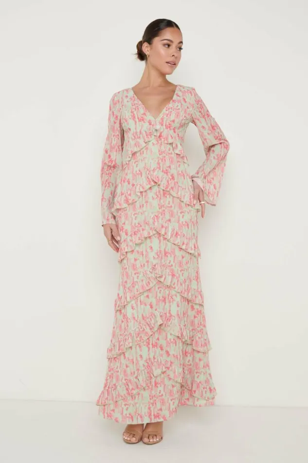 Pretty Lavish Dresses Women Paige Ruffle Maxi Dress Green Abstract Spot
