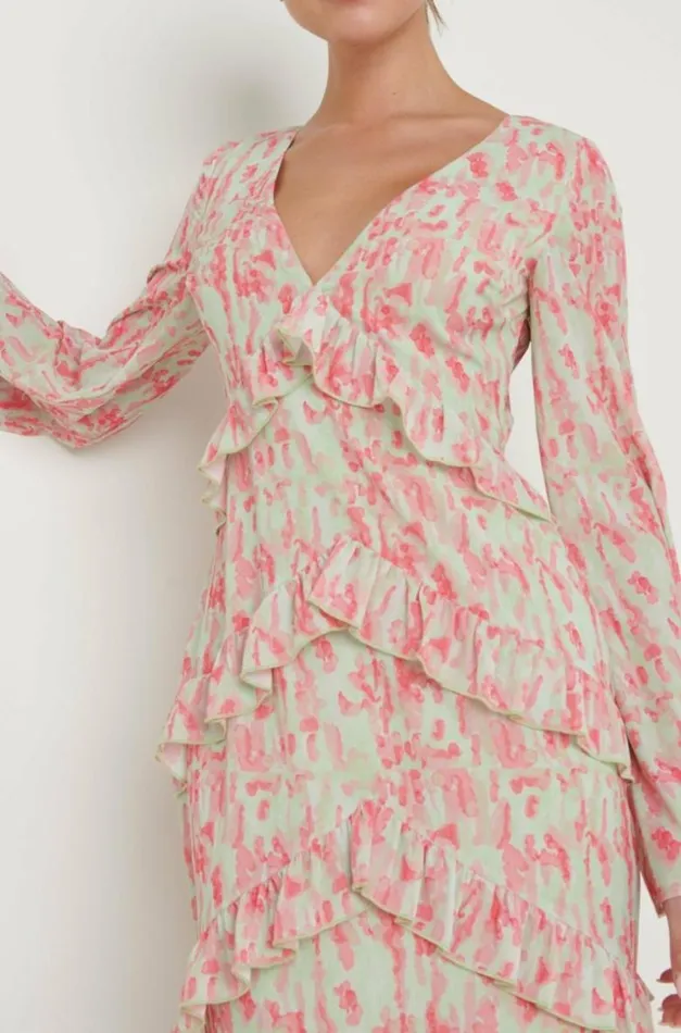Pretty Lavish Dresses Women Paige Ruffle Maxi Dress Green Abstract Spot