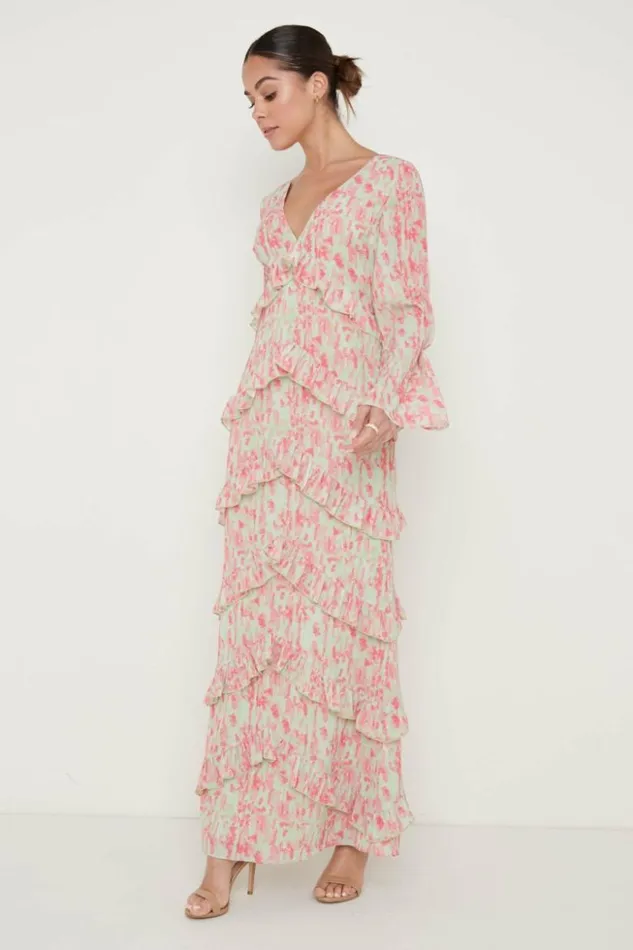 Pretty Lavish Dresses Women Paige Ruffle Maxi Dress Green Abstract Spot