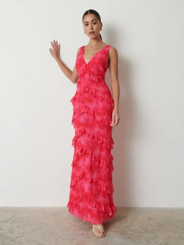 Pretty Lavish Dresses Women Piper Ruffle Maxi Dress Pink And Red Watercolour