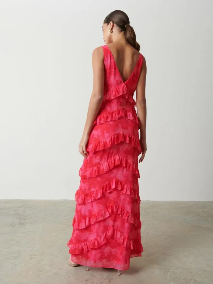 Pretty Lavish Dresses Women Piper Ruffle Maxi Dress Pink And Red Watercolour