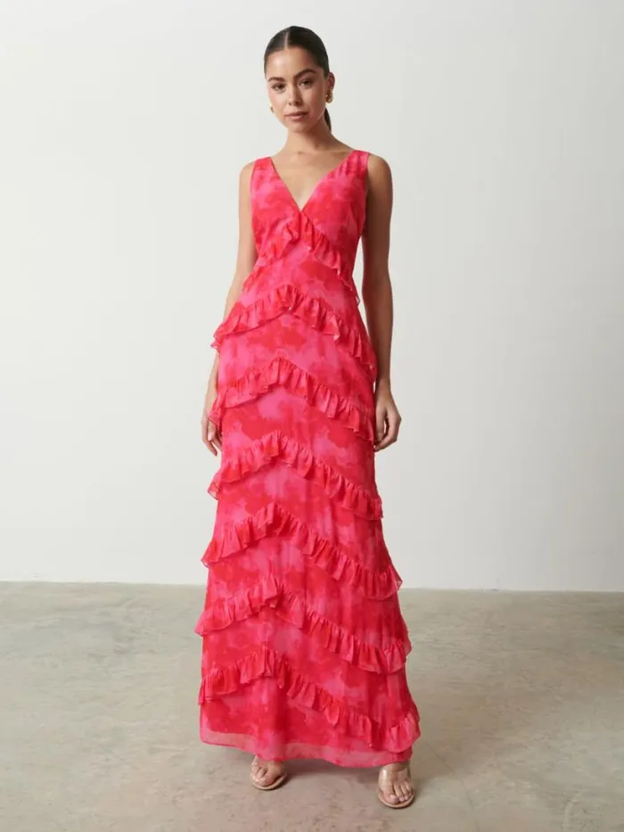 Pretty Lavish Dresses Women Piper Ruffle Maxi Dress Pink And Red Watercolour