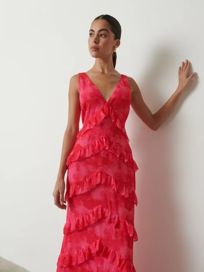 Pretty Lavish Dresses Women Piper Ruffle Maxi Dress Pink And Red Watercolour