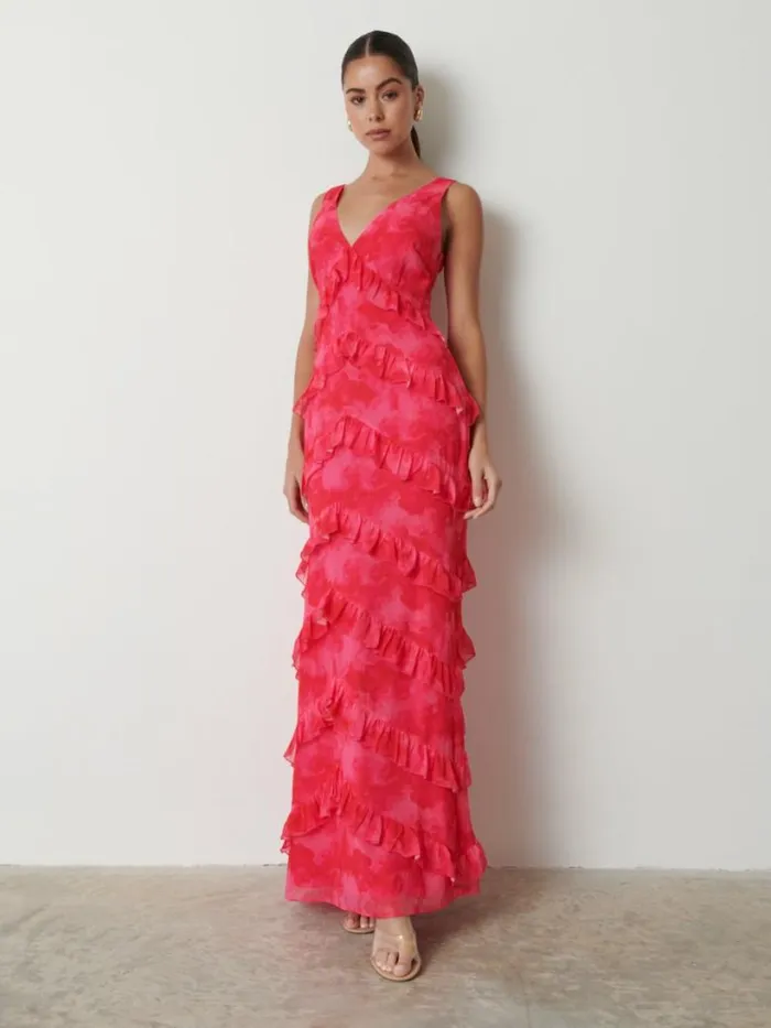 Pretty Lavish Dresses Women Piper Ruffle Maxi Dress Pink And Red Watercolour