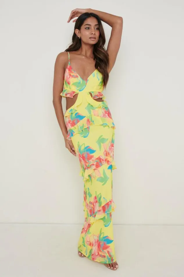 Pretty Lavish Dresses Women Rinna Cut Out Maxi Dress Lemon Abstract Floral