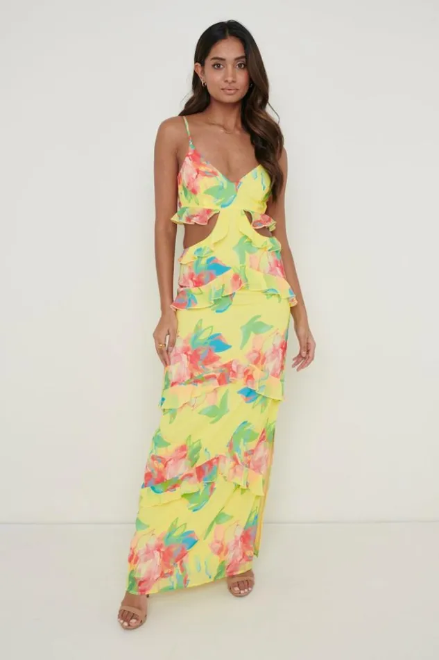 Pretty Lavish Dresses Women Rinna Cut Out Maxi Dress Lemon Abstract Floral