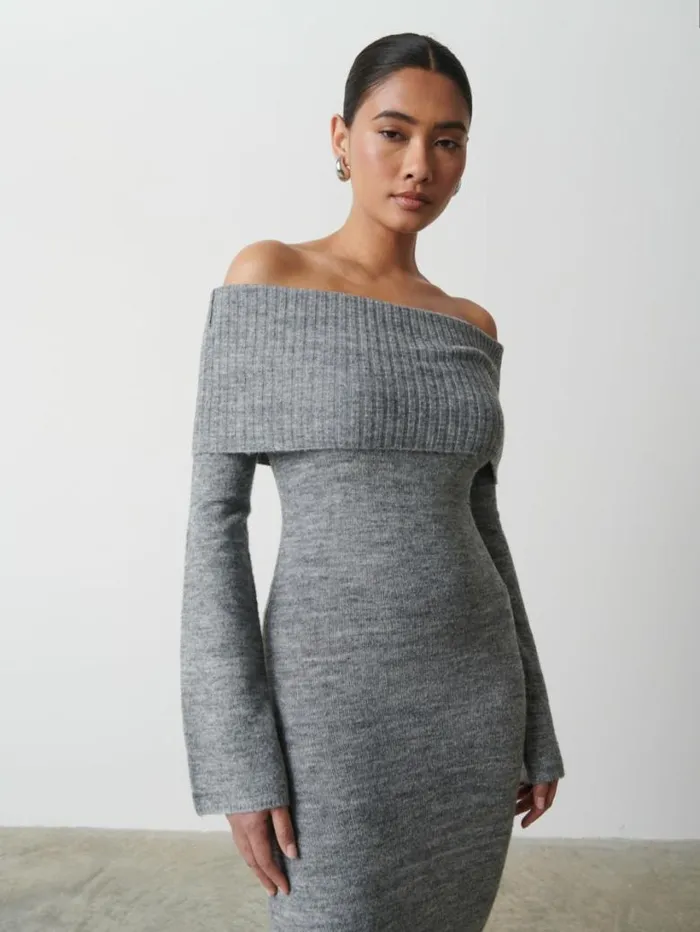 Pretty Lavish Dresses Women Soreya Bardot Soft Knit Dress Grey