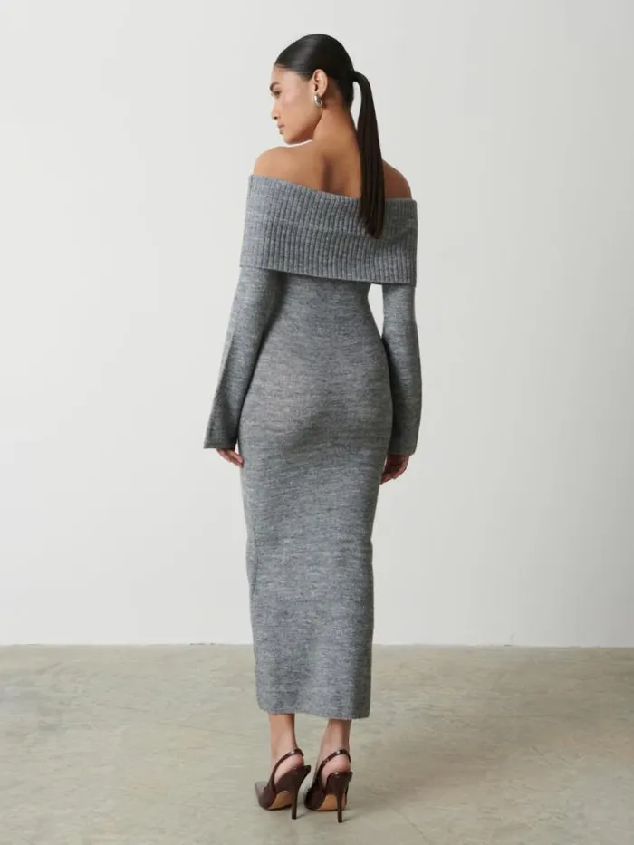 Pretty Lavish Dresses Women Soreya Bardot Soft Knit Dress Grey