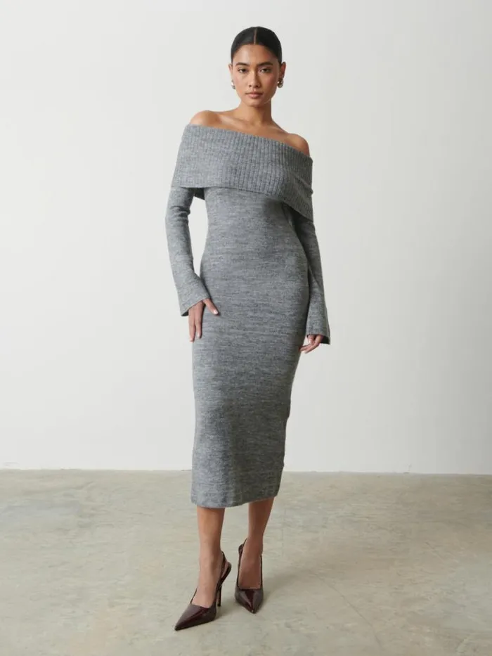 Pretty Lavish Dresses Women Soreya Bardot Soft Knit Dress Grey