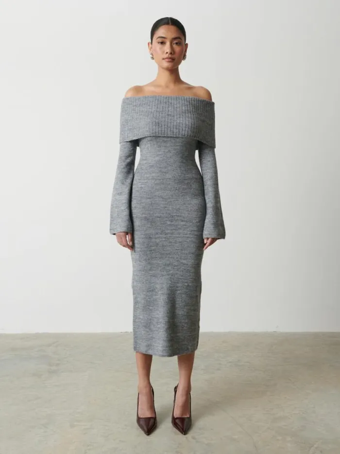Pretty Lavish Dresses Women Soreya Bardot Soft Knit Dress Grey