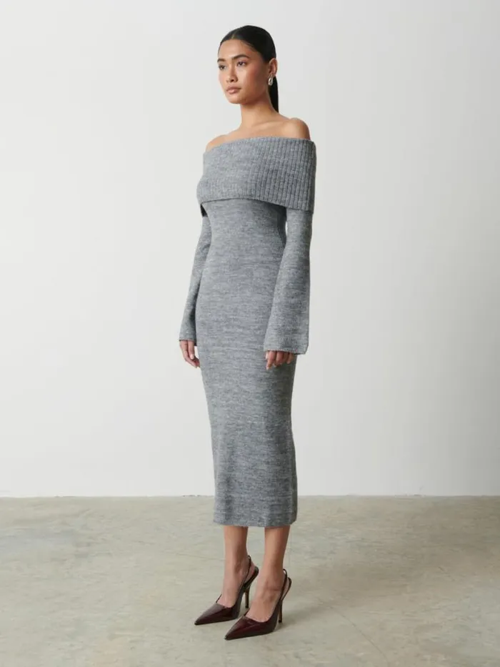 Pretty Lavish Dresses Women Soreya Bardot Soft Knit Dress Grey