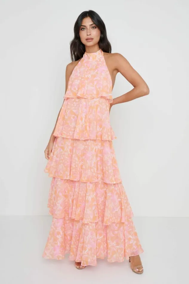 Pretty Lavish Dresses Women Thea Halter Neck Ruffle Dress Pink Floral