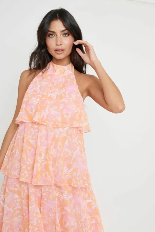 Pretty Lavish Dresses Women Thea Halter Neck Ruffle Dress Pink Floral
