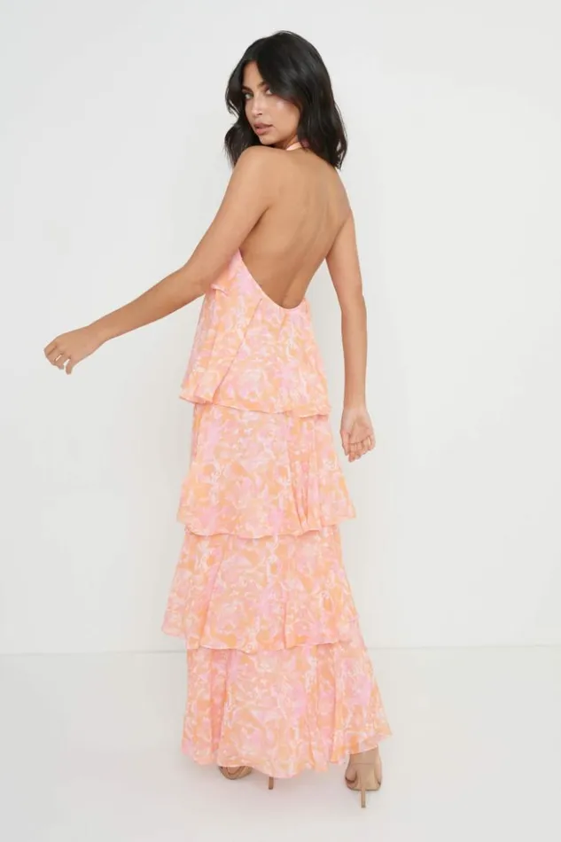 Pretty Lavish Dresses Women Thea Halter Neck Ruffle Dress Pink Floral