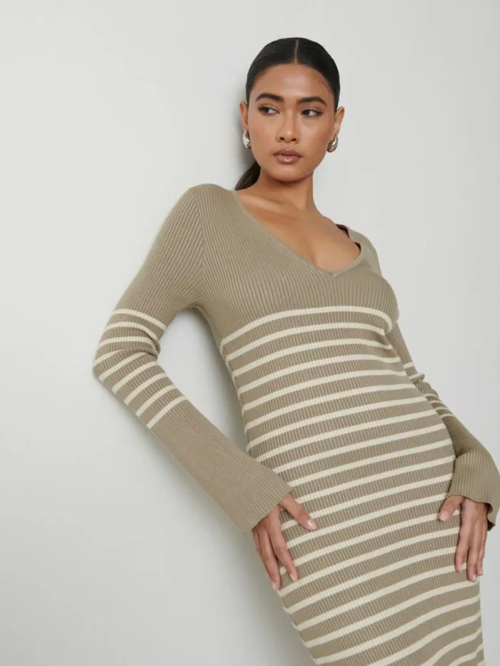 Pretty Lavish Dresses Women Vanessa Striped Knit Dress Taupe And Cream Stripe