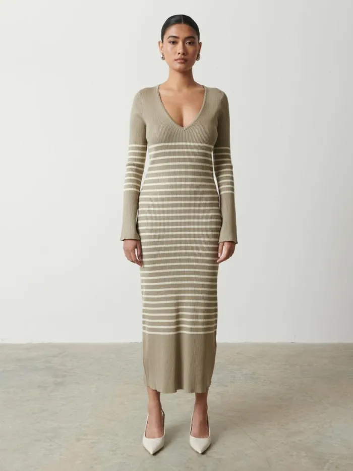Pretty Lavish Dresses Women Vanessa Striped Knit Dress Taupe And Cream Stripe