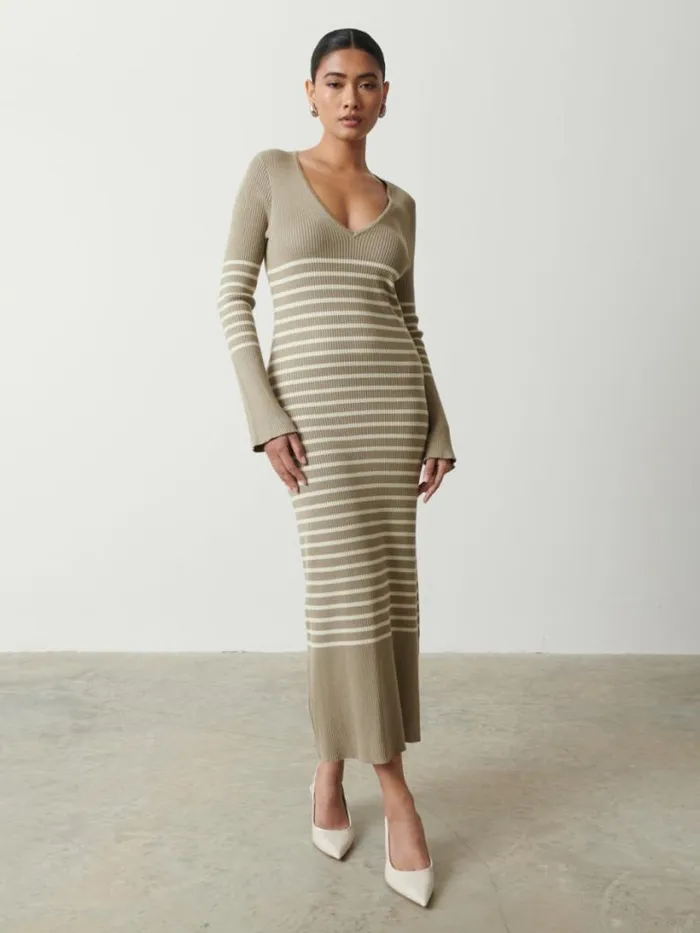 Pretty Lavish Dresses Women Vanessa Striped Knit Dress Taupe And Cream Stripe