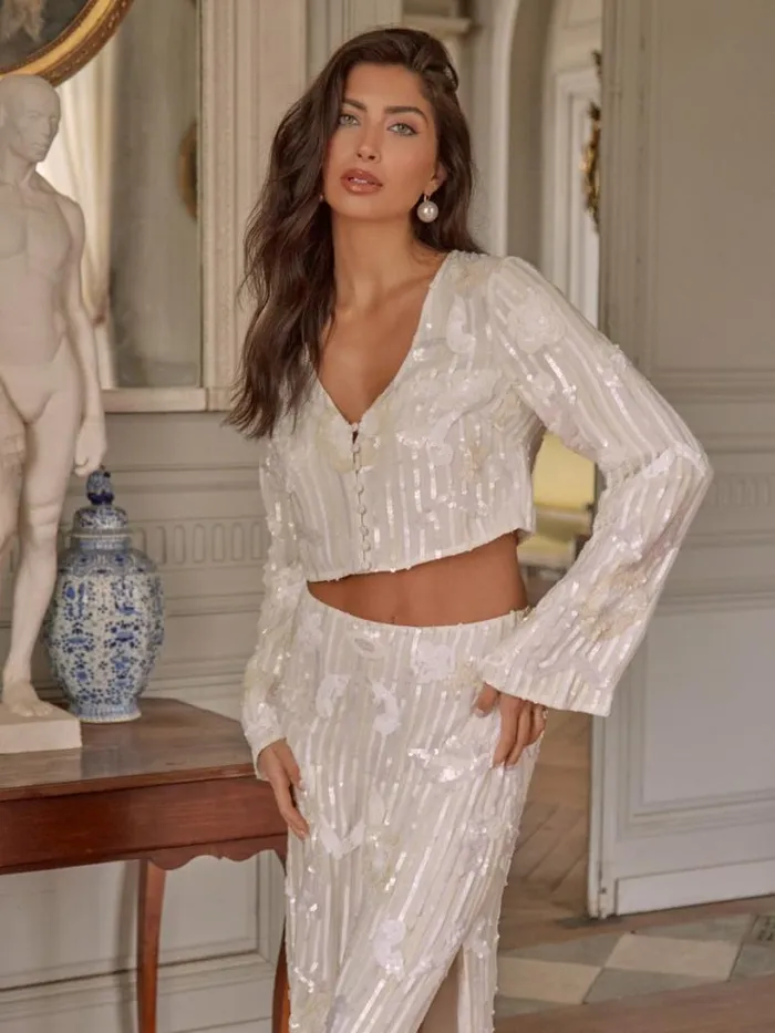 Pretty Lavish Hen Do Women Cannes Sequin Cropped Blouse White