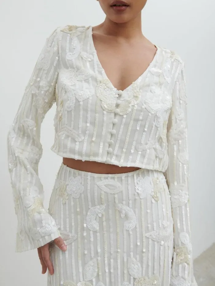 Pretty Lavish Hen Do Women Cannes Sequin Cropped Blouse White