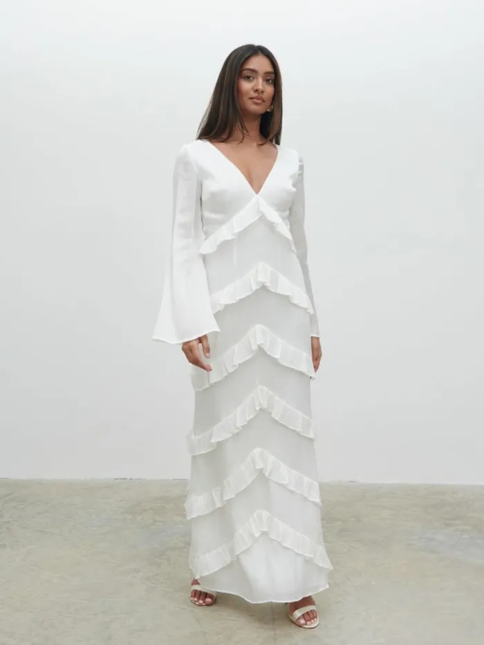 Pretty Lavish Hen Do Women Paige Ruffle Metallic Maxi Dress White