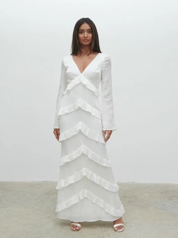 Pretty Lavish Hen Do Women Paige Ruffle Metallic Maxi Dress White