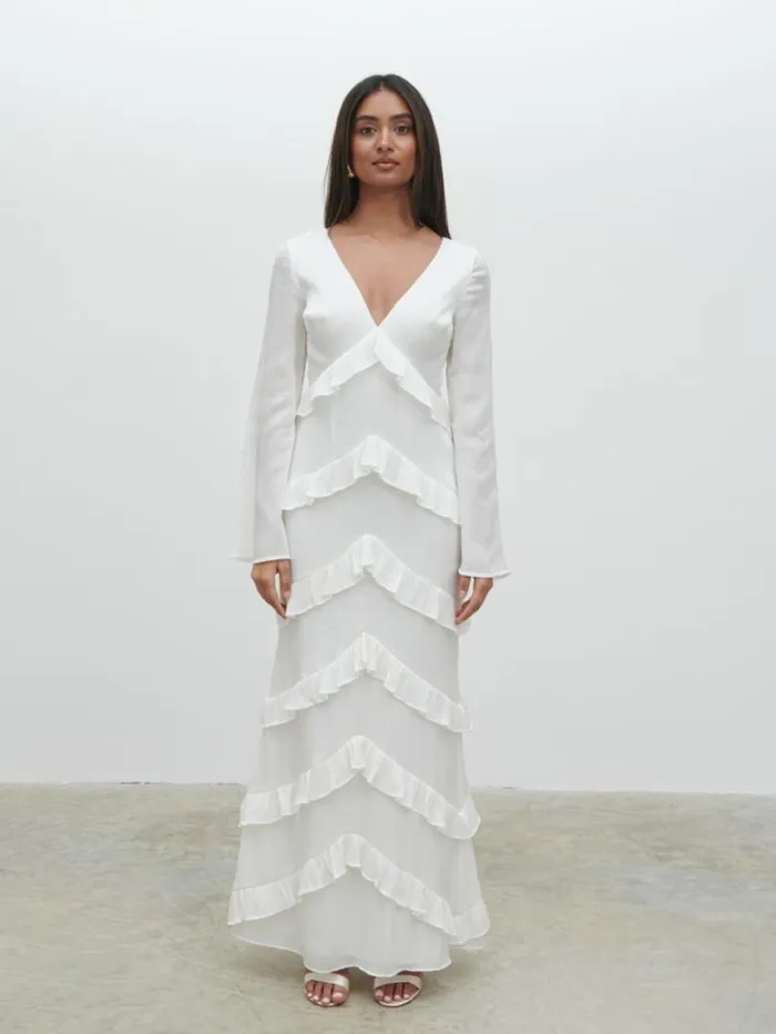 Pretty Lavish Hen Do Women Paige Ruffle Metallic Maxi Dress White