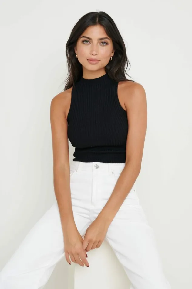Pretty Lavish Knitwear Women Abbey Sleeveless Grown Neck Top Black