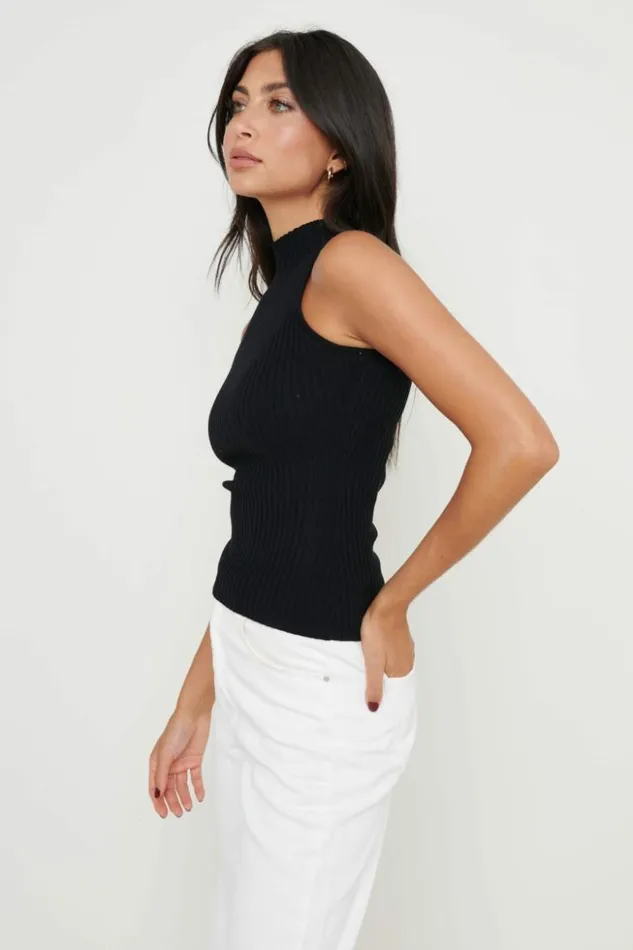 Pretty Lavish Knitwear Women Abbey Sleeveless Grown Neck Top Black