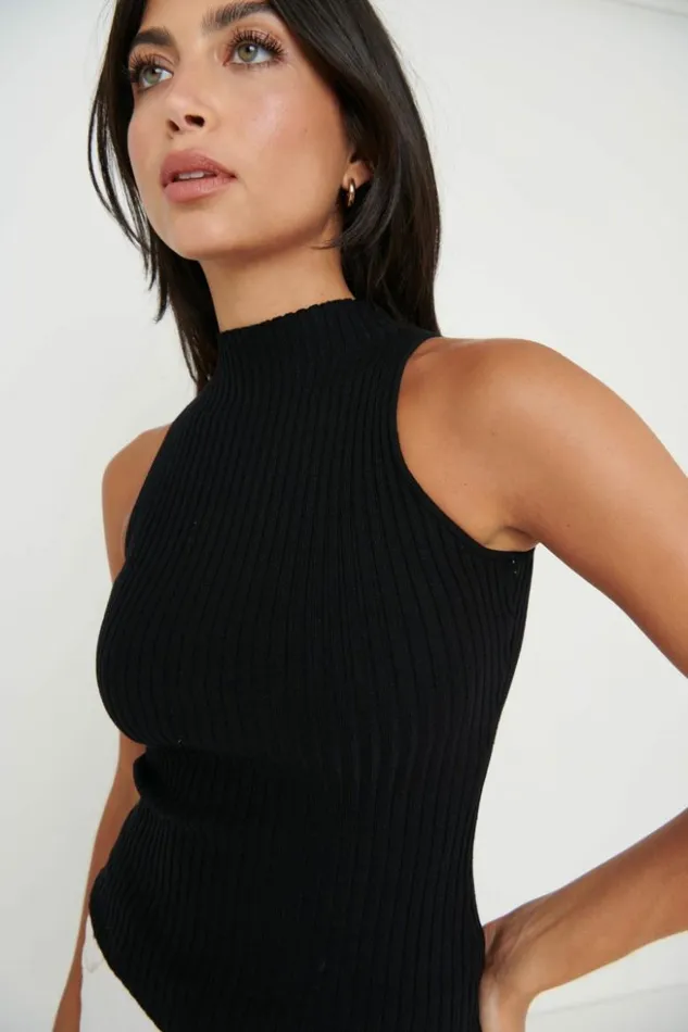 Pretty Lavish Knitwear Women Abbey Sleeveless Grown Neck Top Black