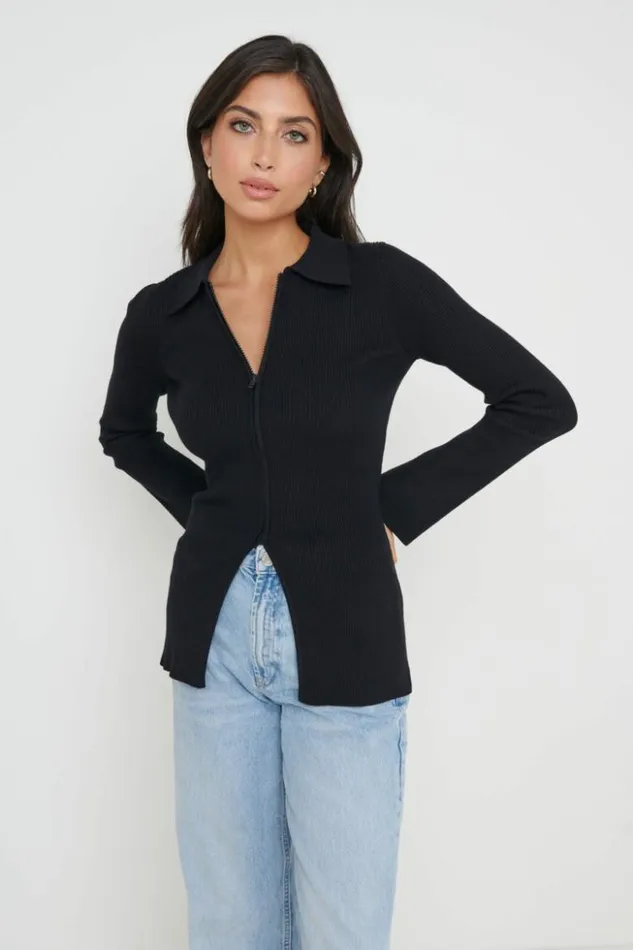 Pretty Lavish Knitwear Women Avery Zip Knit Collared Top Black
