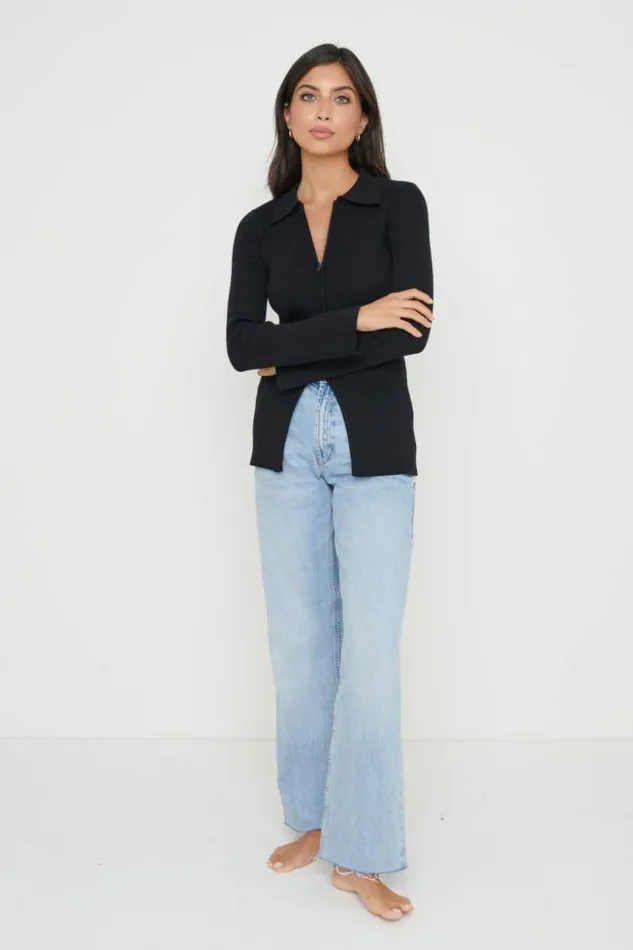 Pretty Lavish Knitwear Women Avery Zip Knit Collared Top Black