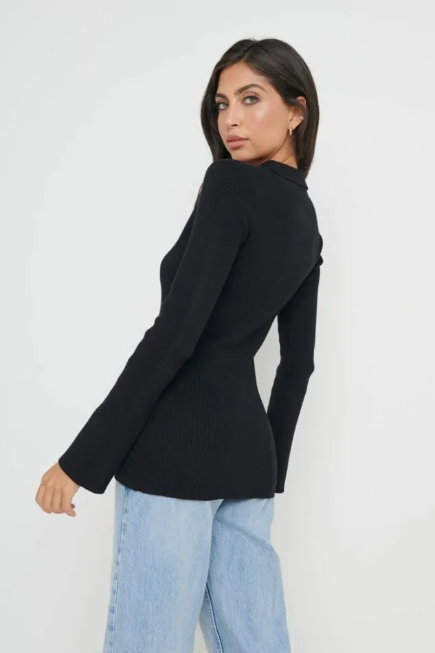 Pretty Lavish Knitwear Women Avery Zip Knit Collared Top Black