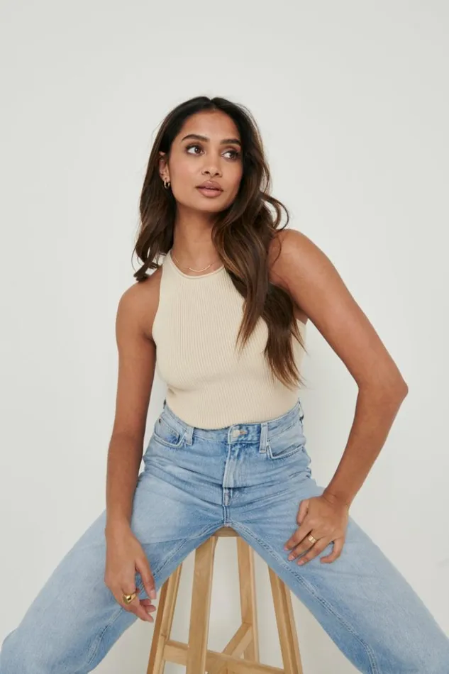 Pretty Lavish Knitwear Women Billie Ribbed Racer Tee Beige
