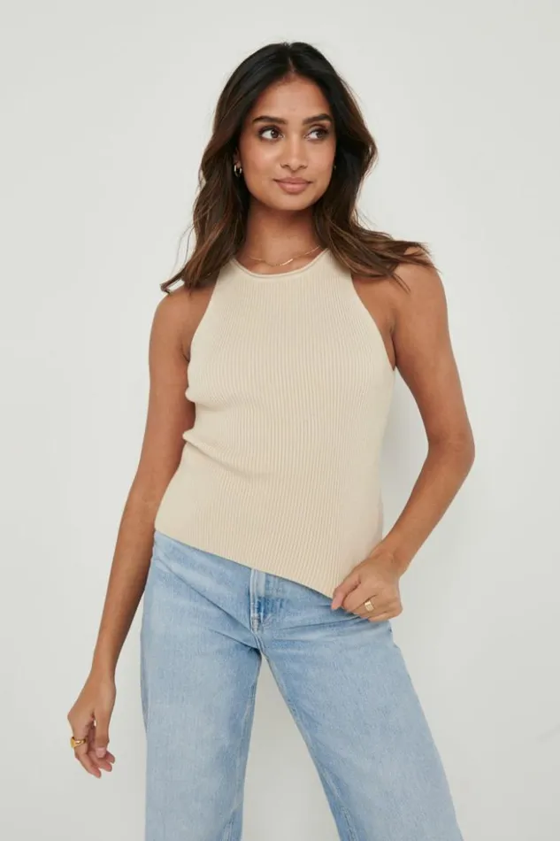 Pretty Lavish Knitwear Women Billie Ribbed Racer Tee Beige