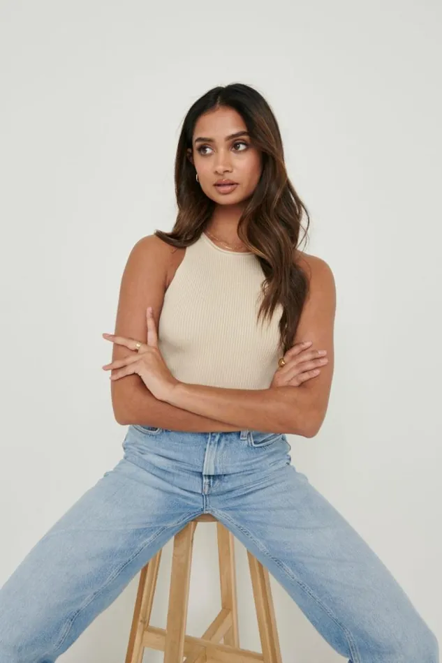 Pretty Lavish Knitwear Women Billie Ribbed Racer Tee Beige