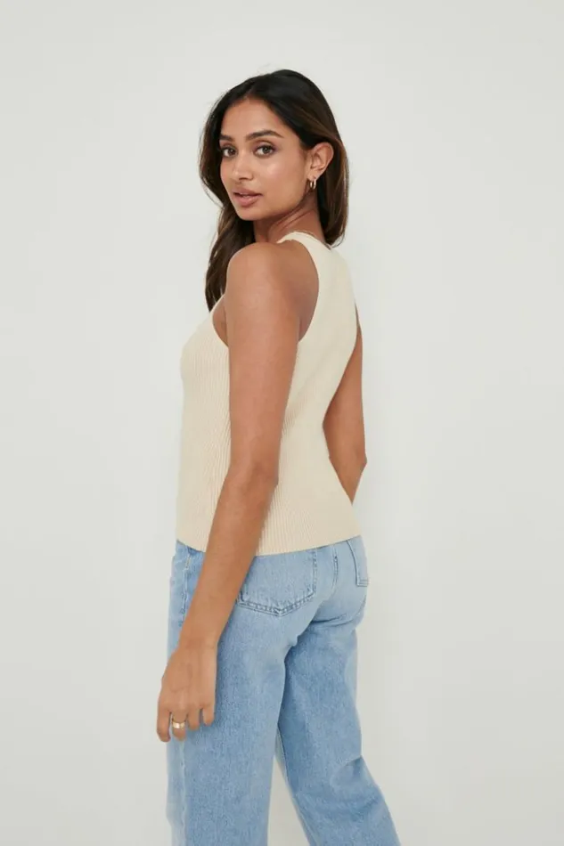 Pretty Lavish Knitwear Women Billie Ribbed Racer Tee Beige
