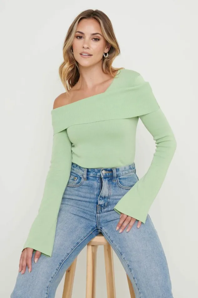 Pretty Lavish Knitwear Women Brigitte Asymmetric Knit Top Green Green