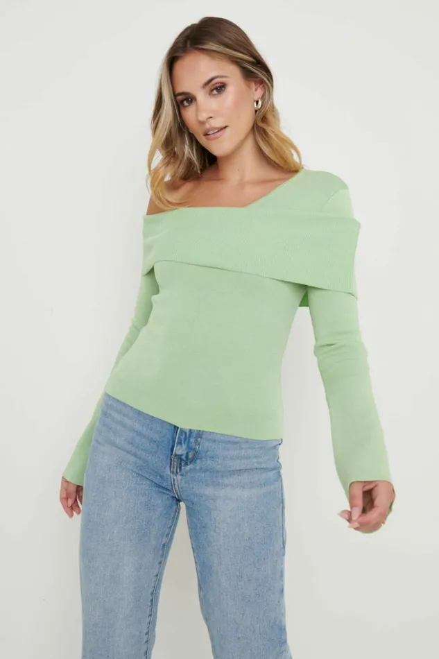 Pretty Lavish Knitwear Women Brigitte Asymmetric Knit Top Green Green