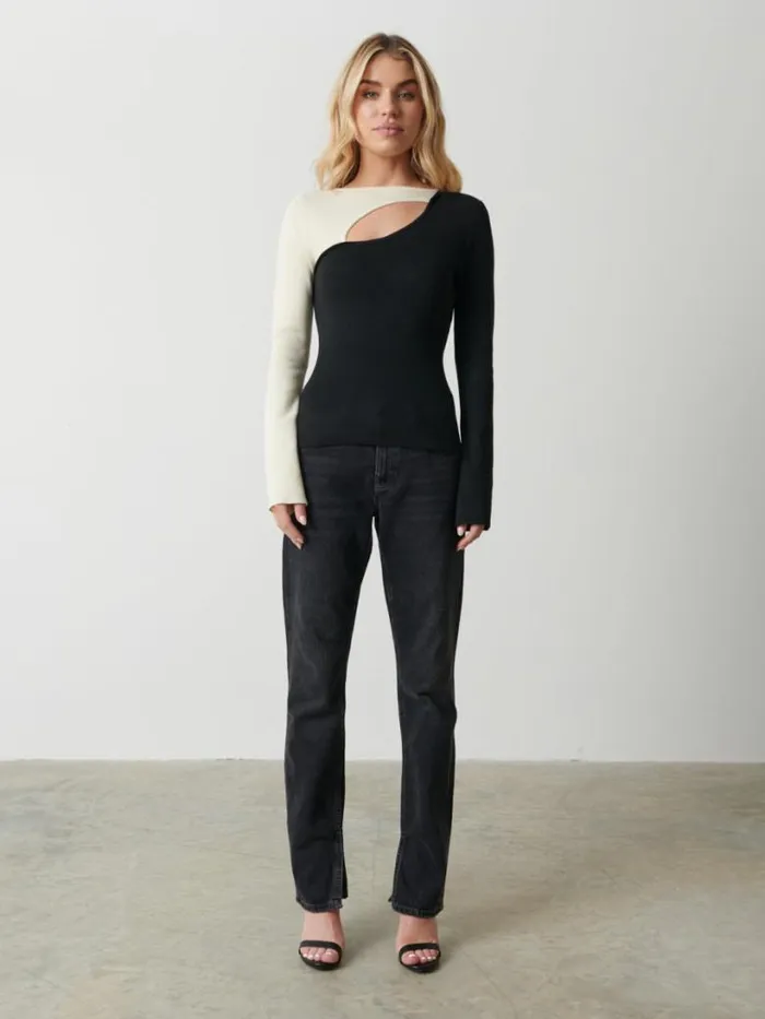 Pretty Lavish Knitwear Women Brogan Contrast Knit Top Black And Cream